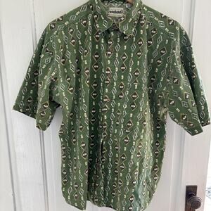 Vintage Weekends Bark Cloth Shirt Mens L Green 100% Cotton Button Short Sleeve